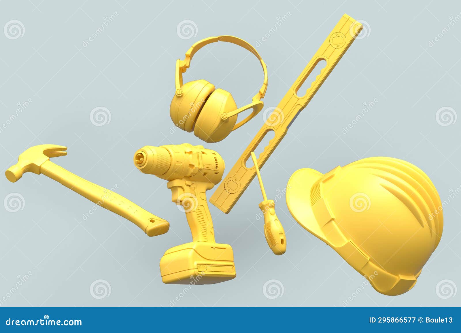 Flying View of Monochrome Construction Tools for Repair on Grey