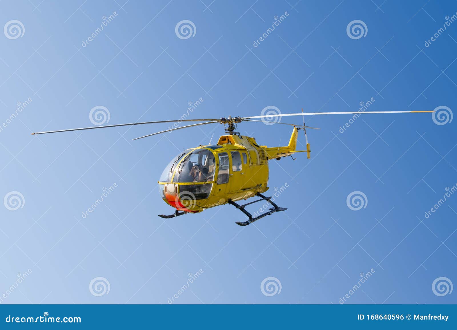 Flying Yellow Rescue Helicopter Stock Photo Image Of Rotor Hovering