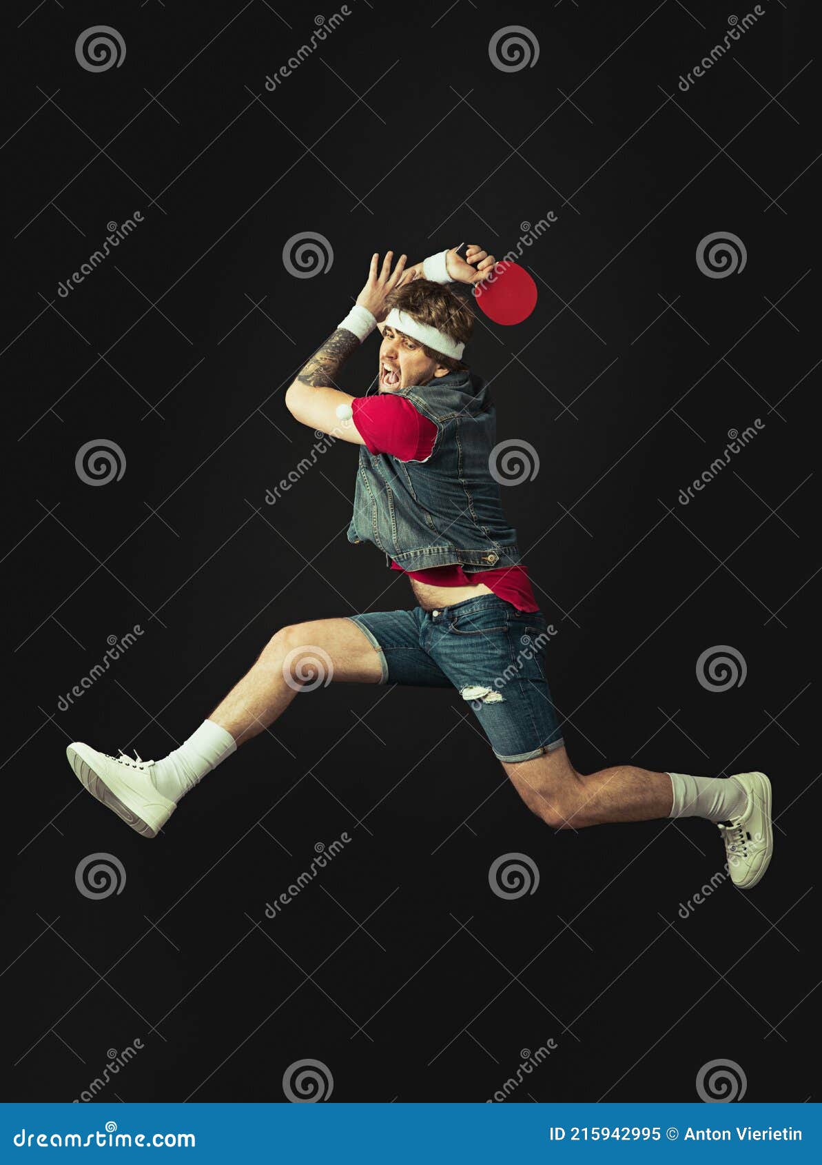 Young Caucasian Funny Man Playing Ping Pong Isolated on Black Background.  Stock Image - Image of player, action: 215942995