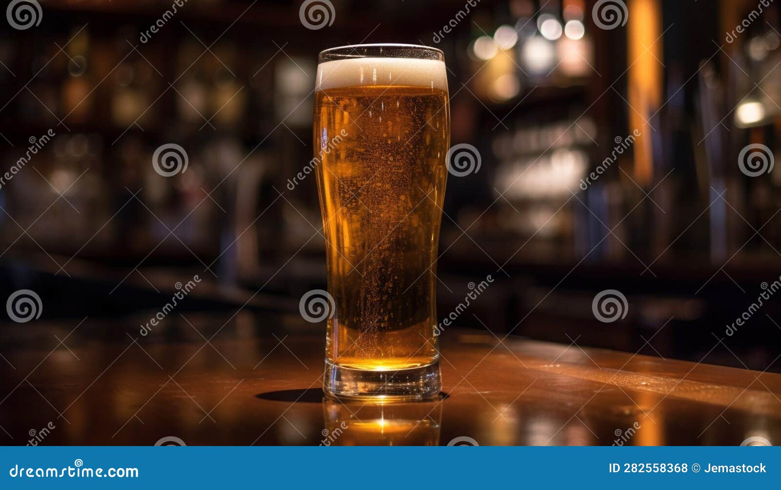 Foamy Beer Glass on Bar Counter, Illuminated by Yellow Light Generated