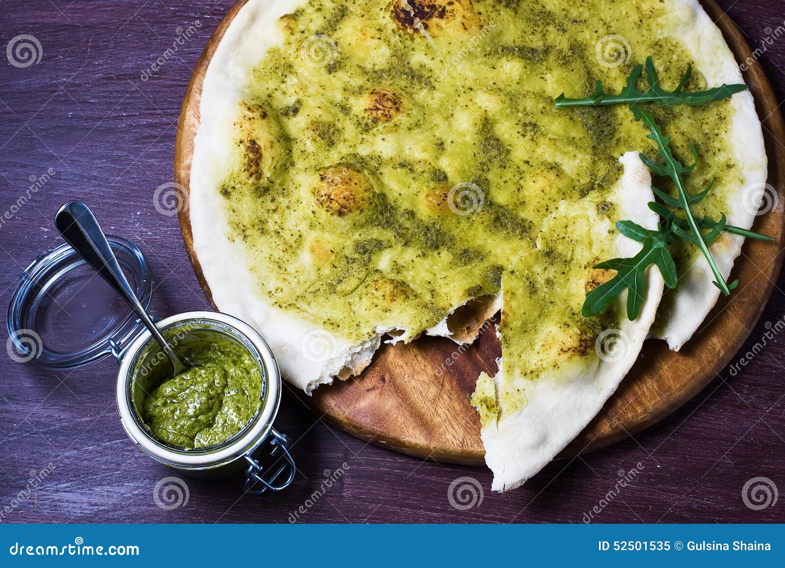 Focaccia Italian Flat Bread with Pesto Stock Image Image of tasty