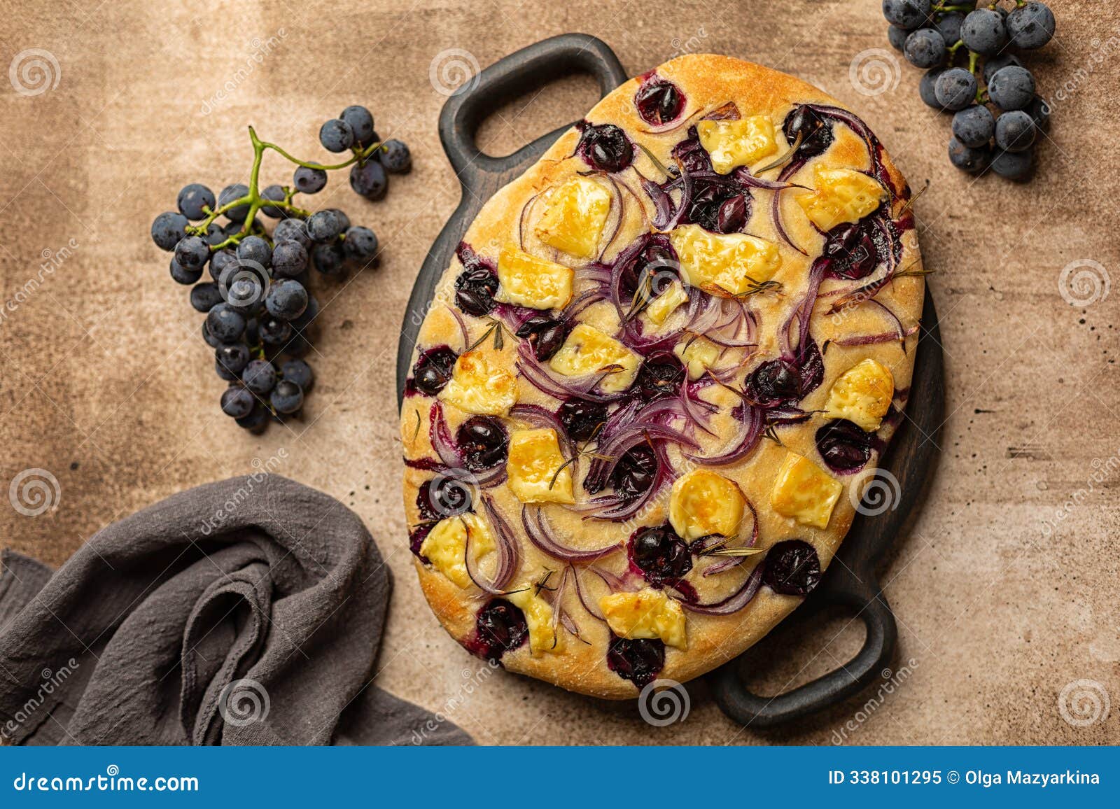 focaccia with red onion, brie cheese and strawberry grape, homemade flat leavened