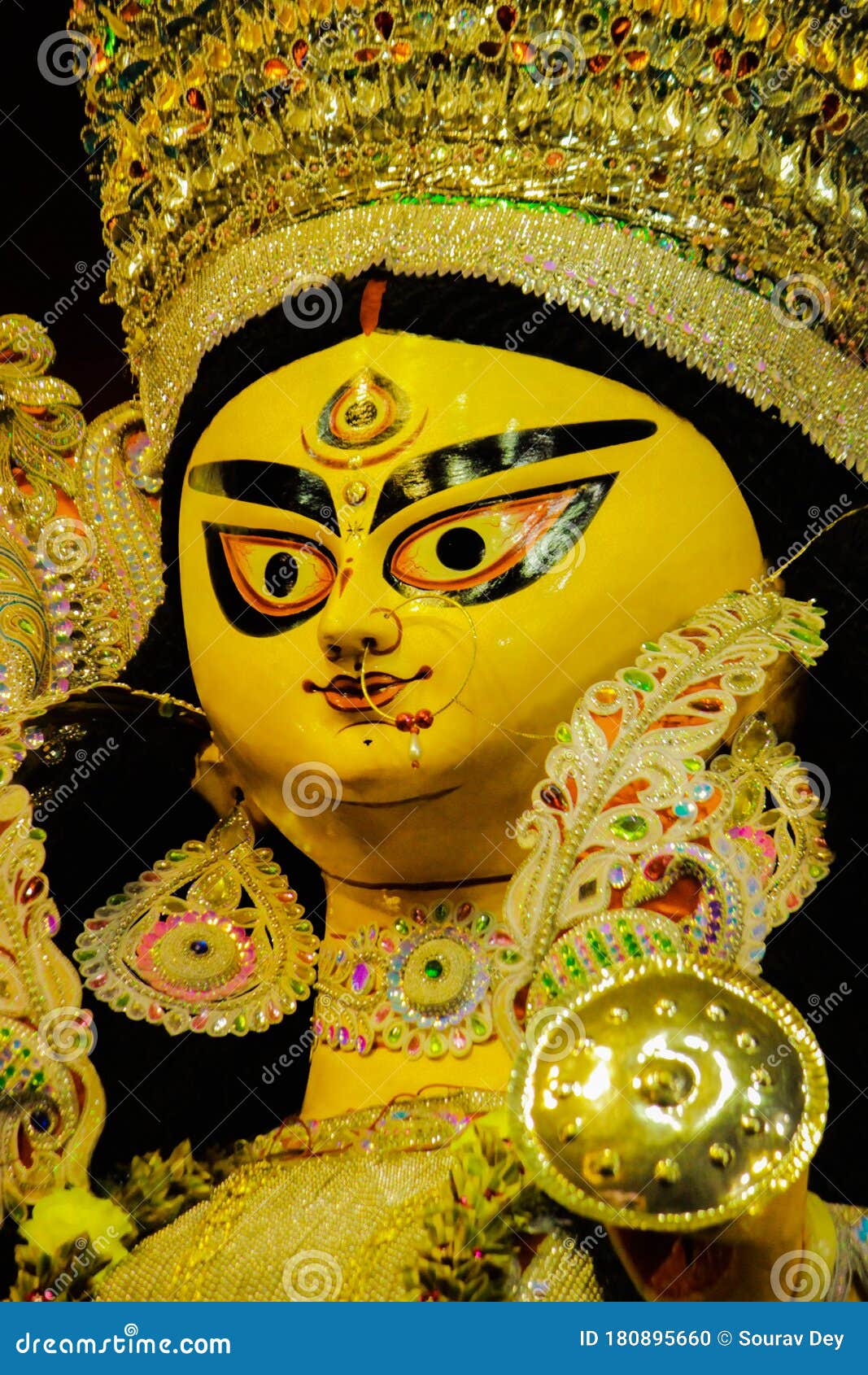 Focus Face of Ma Durga in a Traditional Bengali Gesture Stock Photo