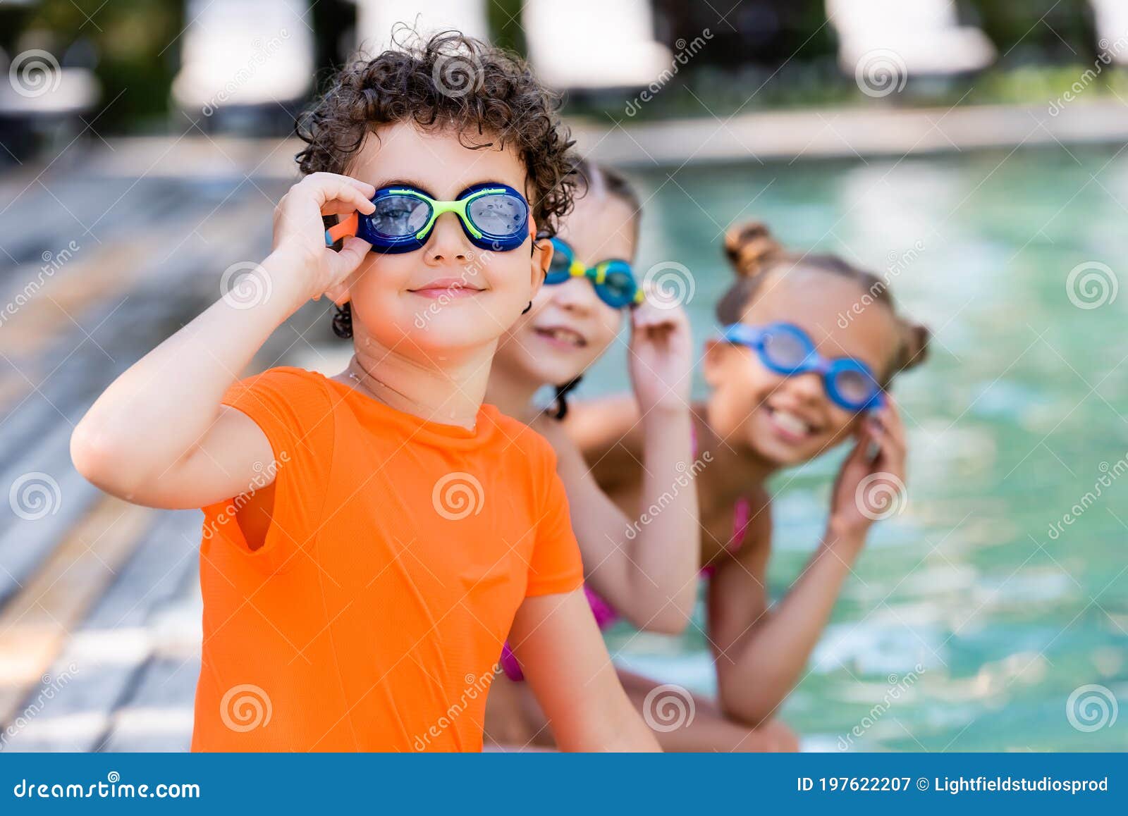 Focus of Friends Touching Swim Goggles Stock Image Image of vacation