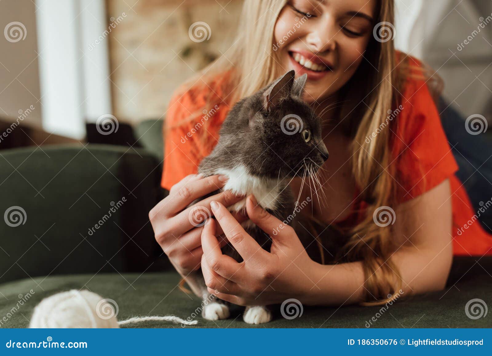 Focus of Happy Girl Touching Cute Stock Photo - Image of smile, smiling ...