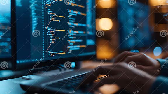 Focused Developer Coding on Laptop with Glowing Screen, Showcasing ...