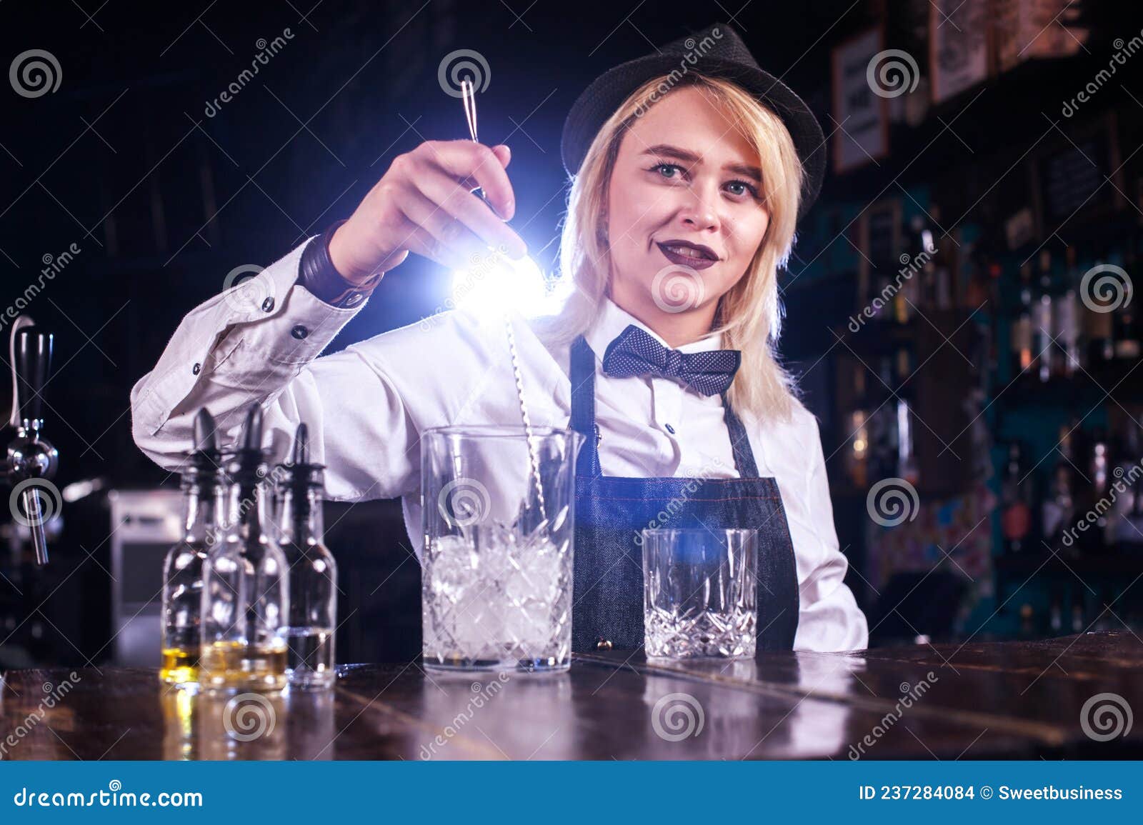 Focused Girl Barman Surprises with Its Skill Bar Visitors on the Bar ...