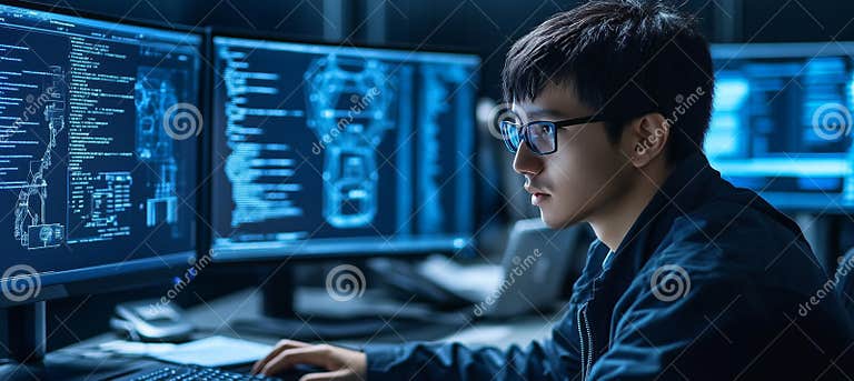 Focused Programmer Working Late, Analyzing Code on Multiple Monitors in ...