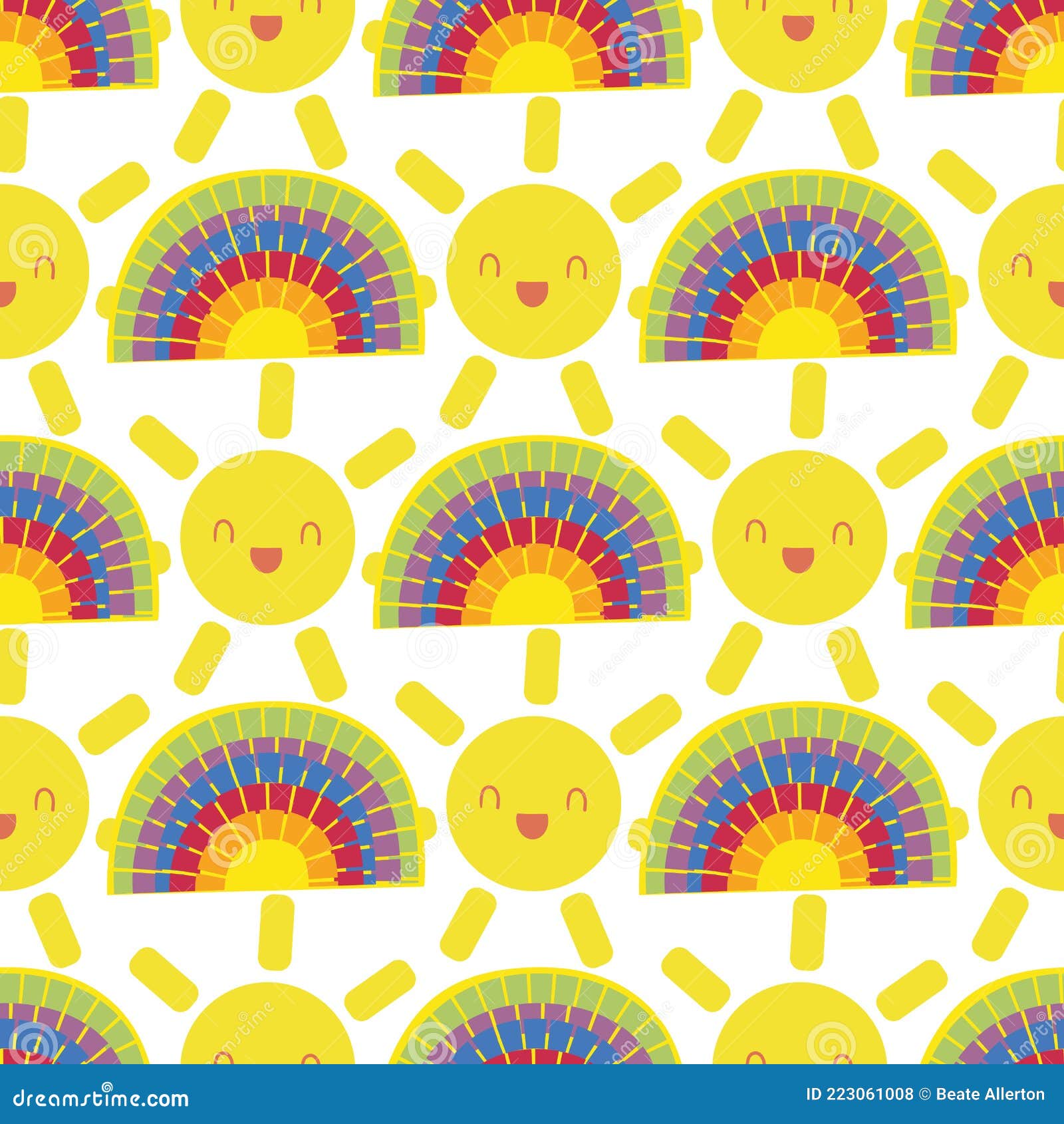 Sol kawaii colorido, nuvem, desenho animado arco-íris, chá de bebê