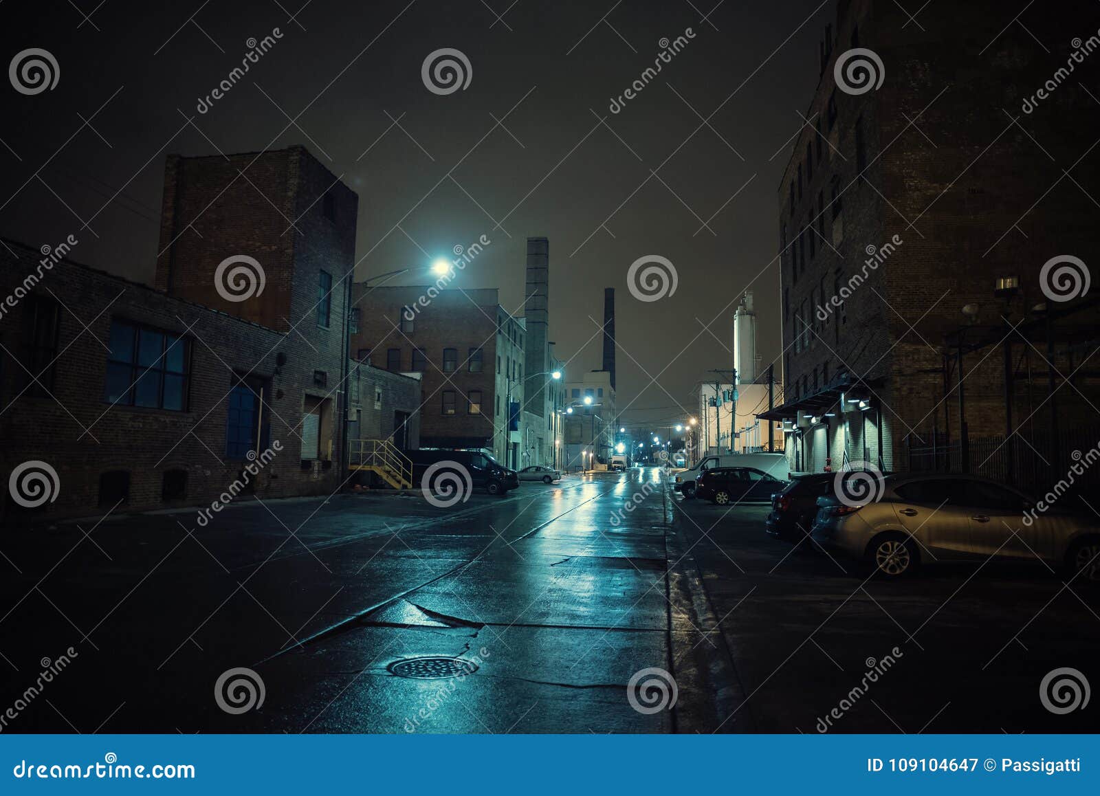 Foggy Industrial Urban Street City Night Scenery. Stock Image ...