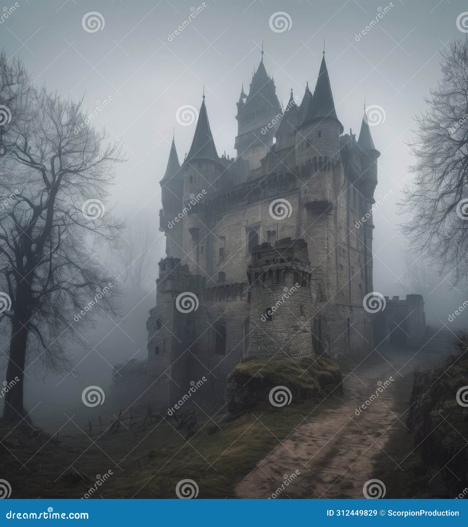 foggy path to the ancient castle