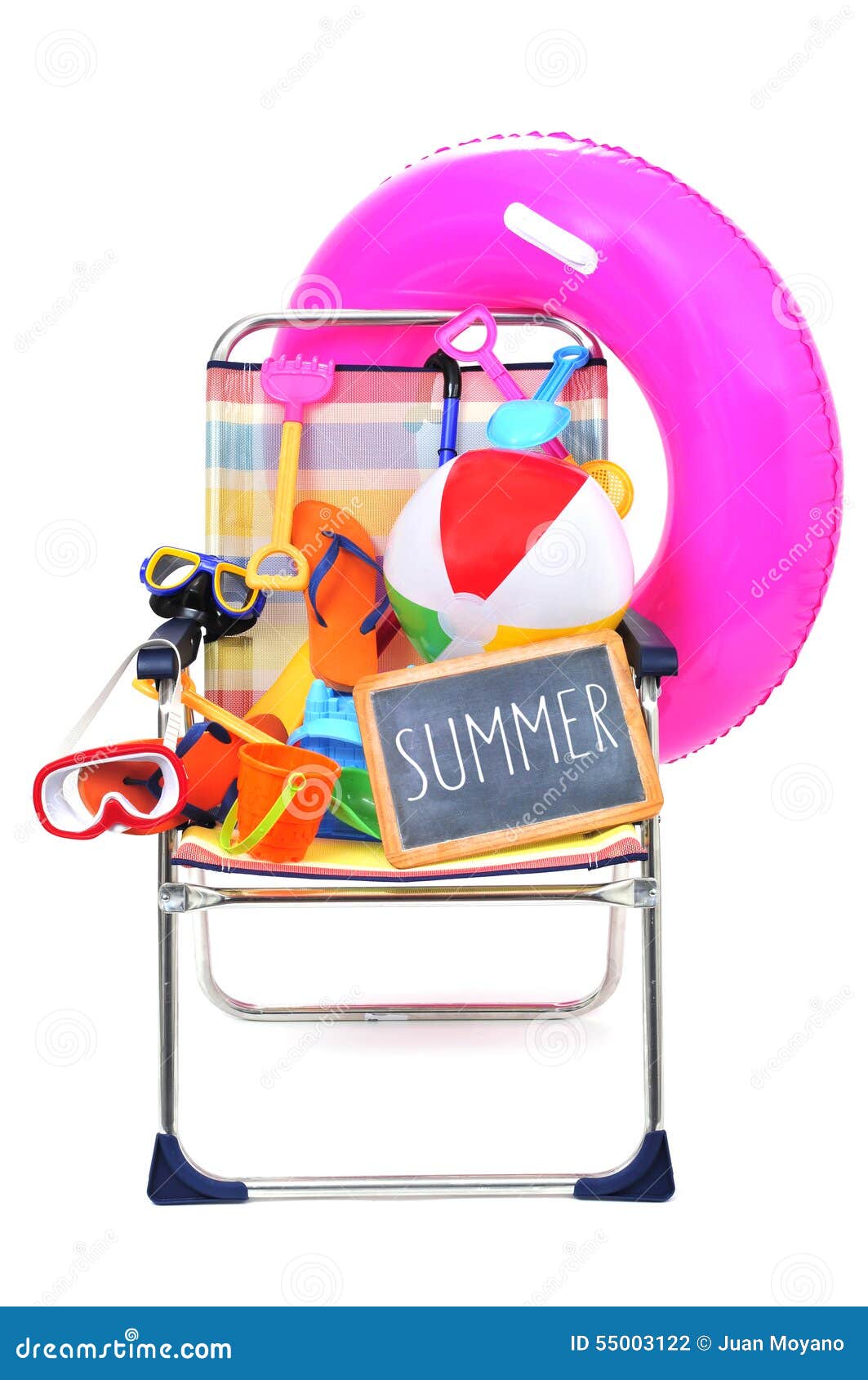 foldable beach chair full of beach items on a white background