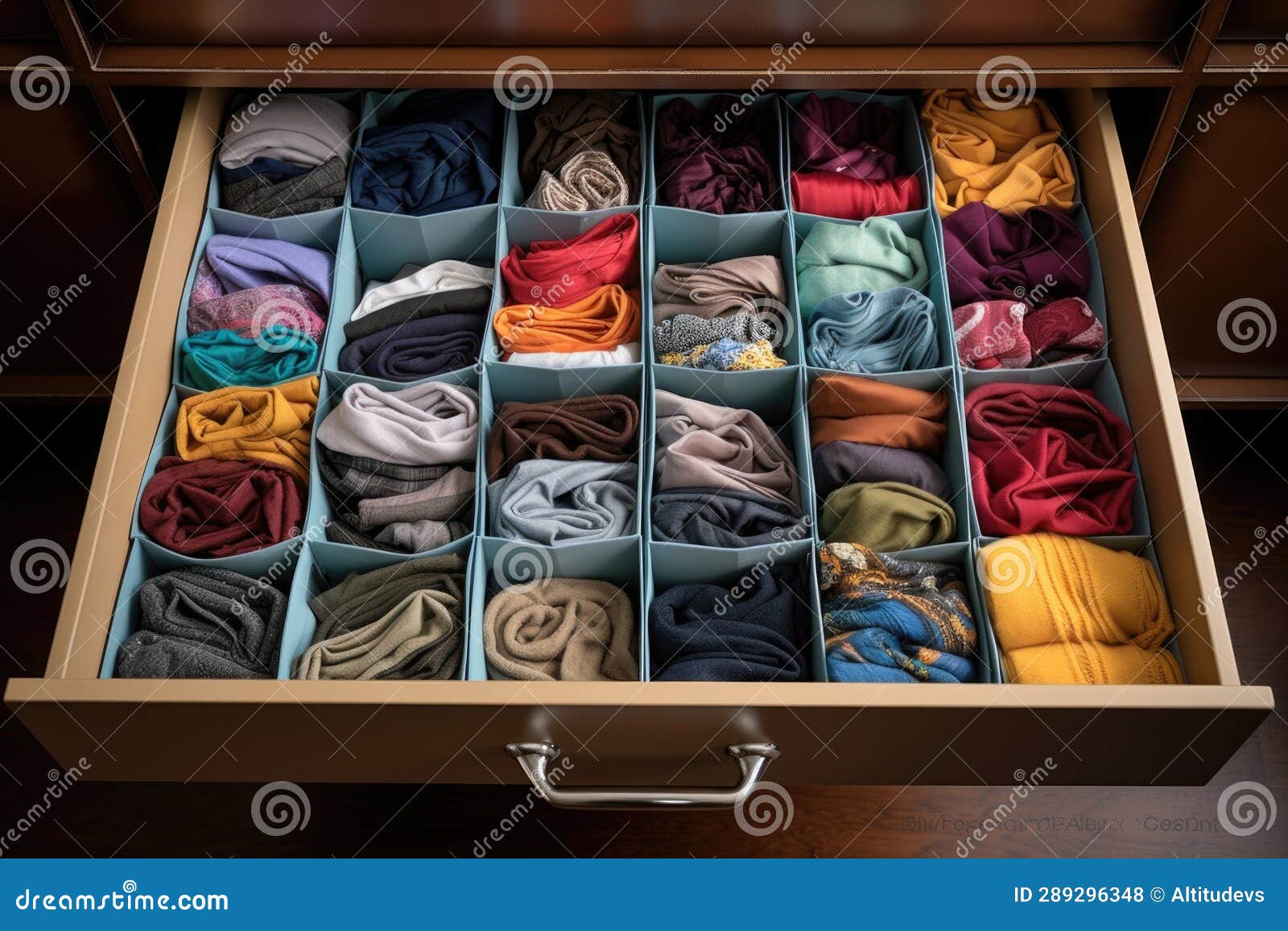Folded Clothes in Organized Drawers with Dividers Stock Photo Image