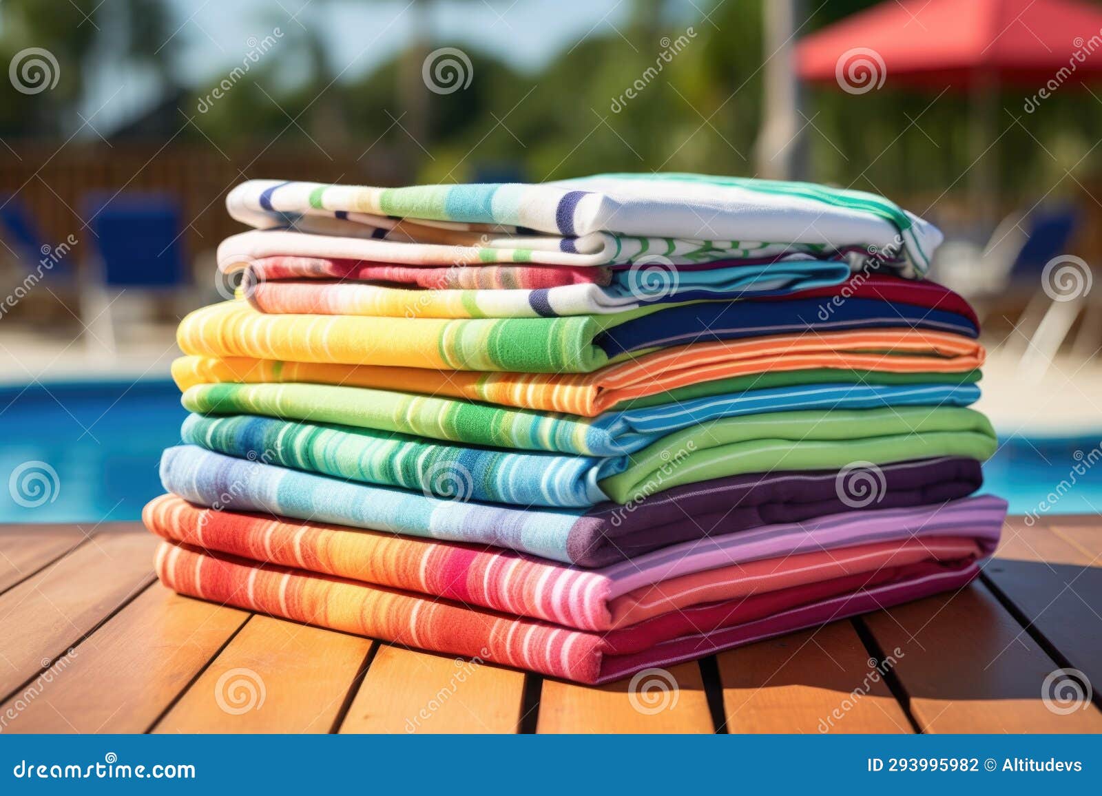Folded Multicolored Beach Towels Stacked on an Outdoor Table Stock