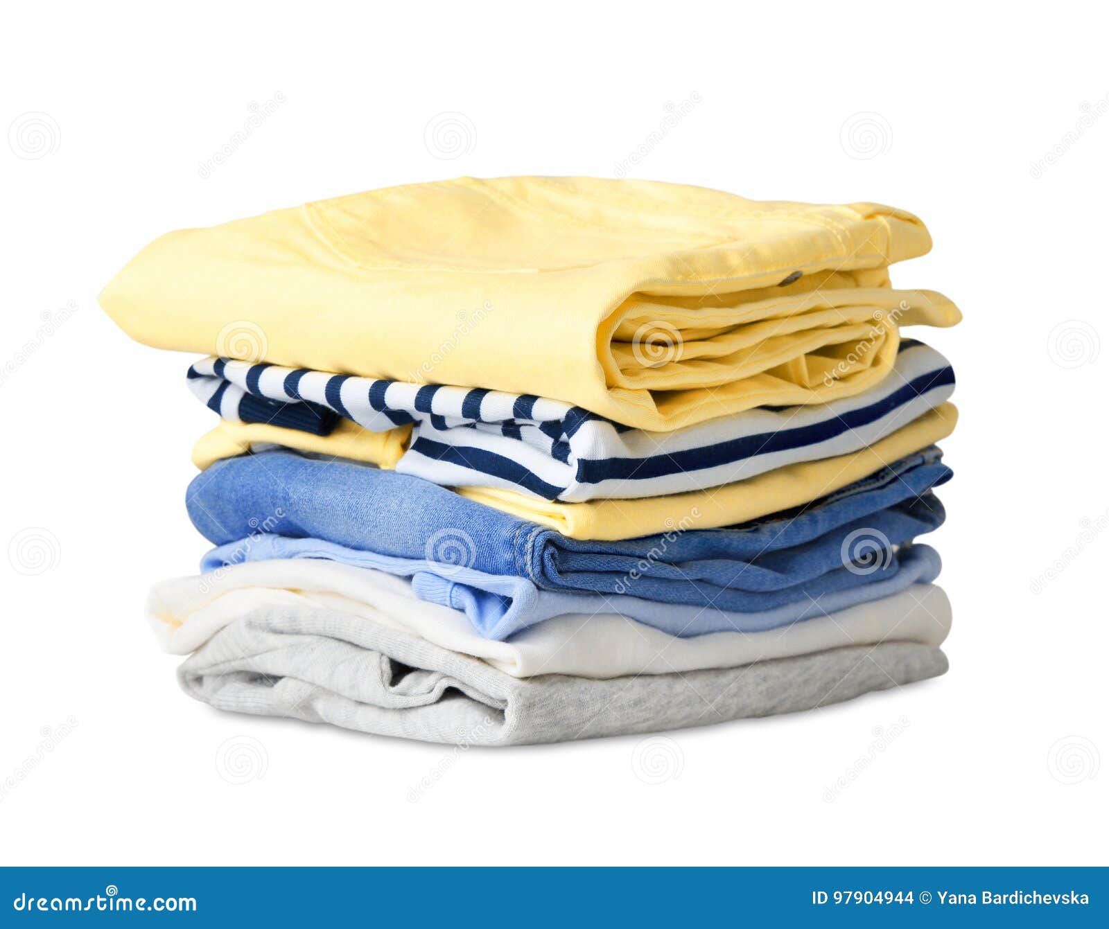 folded stack clothes  on white.