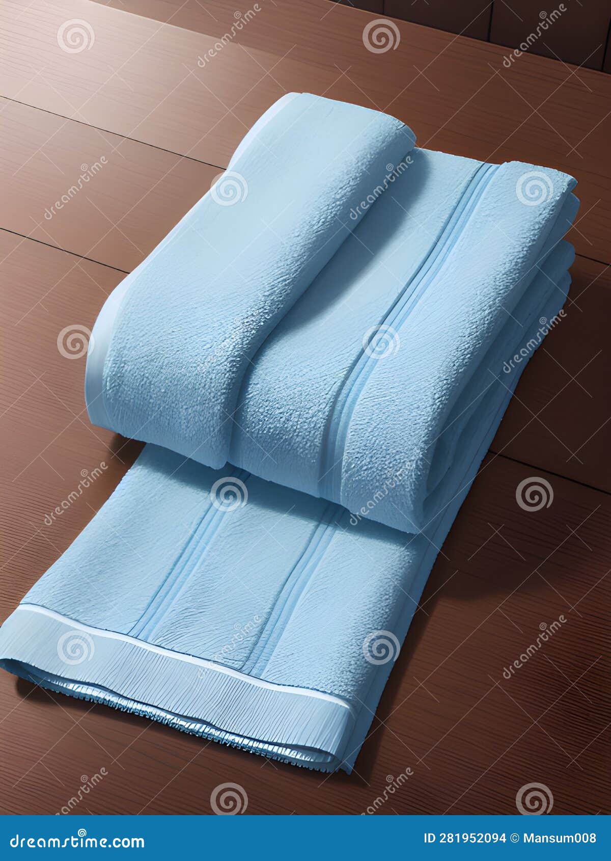 Folded Towels on Wooden Floor, AI Generated Stock Illustration