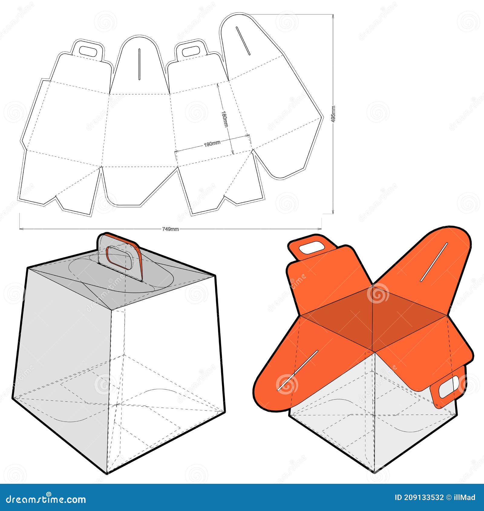 folding box with handle (internal measurement 19x19x18cm) and die-cut pattern.