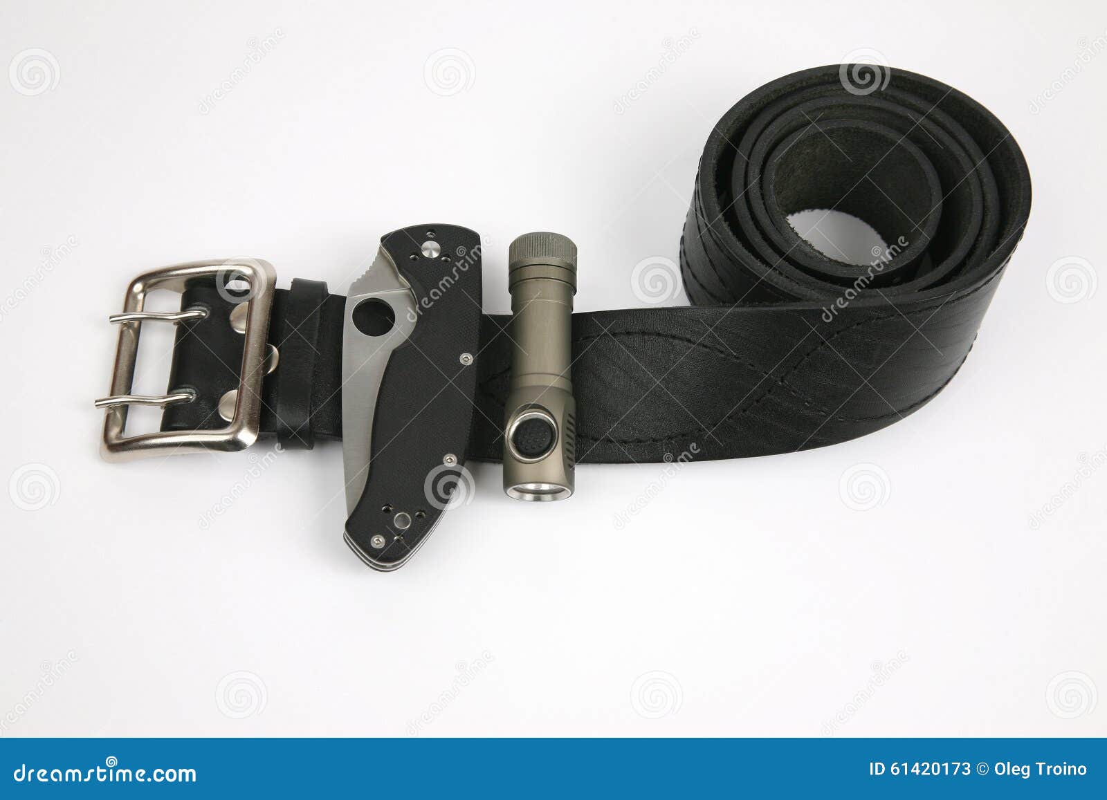 Folding Knife and Flashlight Attached on Black Leather Strap Stock