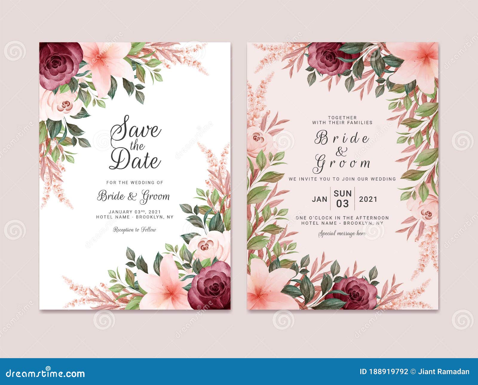foliage wedding invitation template set with burgundy and brown