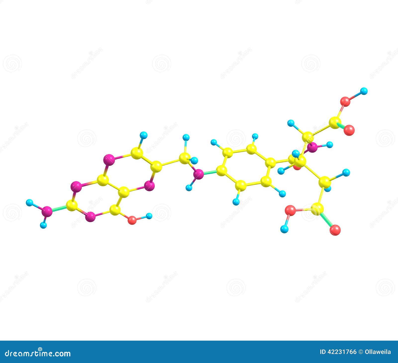 Folic Acid (vitamin M, Vitamin B9) Molecular Structure on White