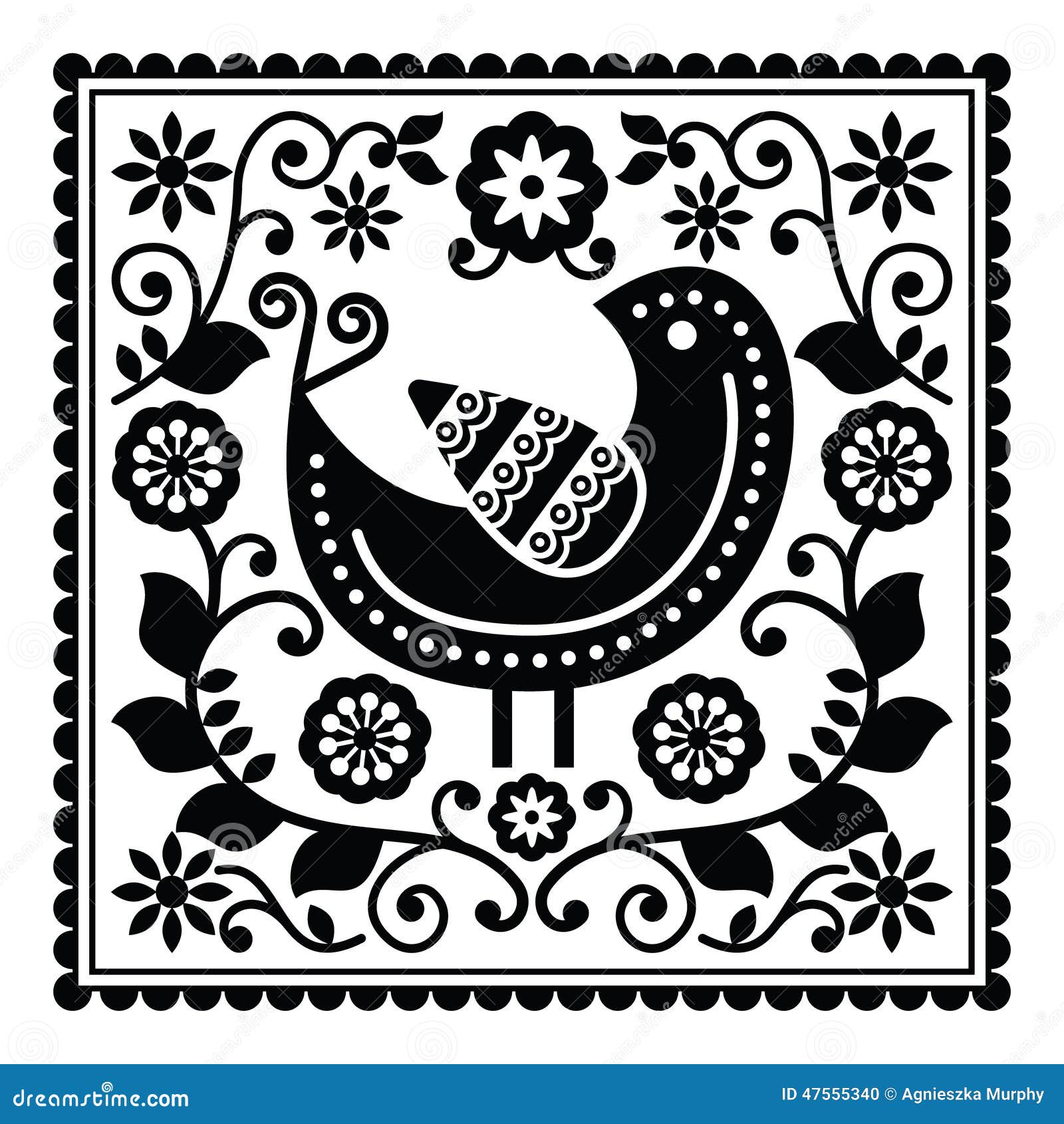 Folk Art Black Pattern With Bird And Flowers Stock Vector Image 47555340