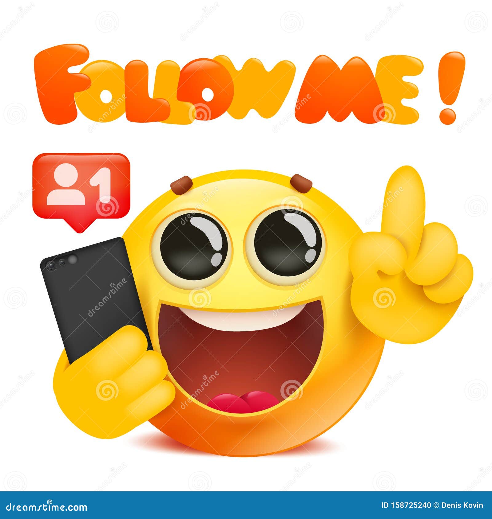 Follow Me Template Card with Cartoon 3d Yellow Emoji Character Holding  Smartphone. for Video Streaming Website Banners, Blogs, Stock Illustration  - Illustration of customer, online: 158725240