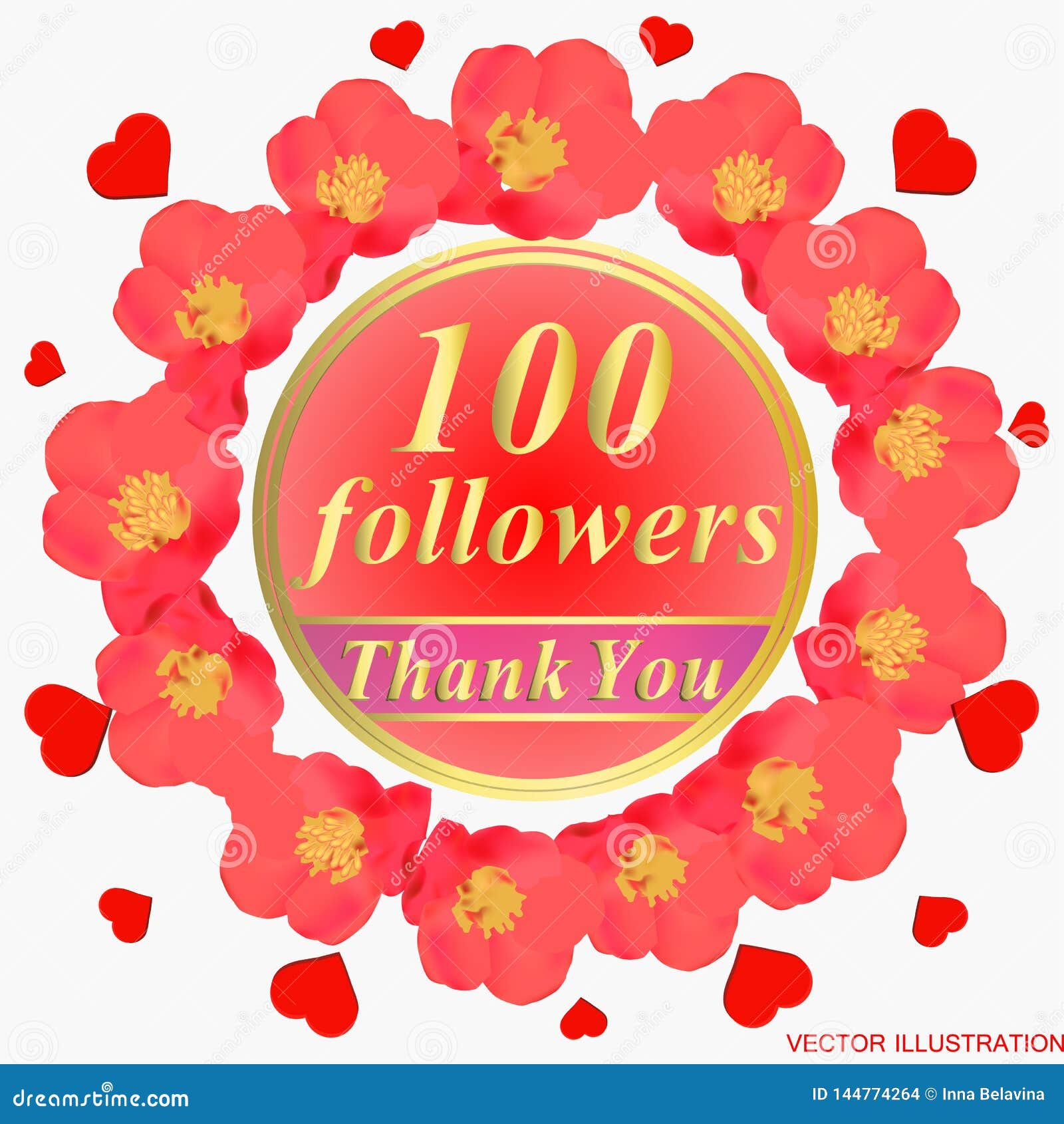 100 followers illustration with thank you on a ribbon. 
