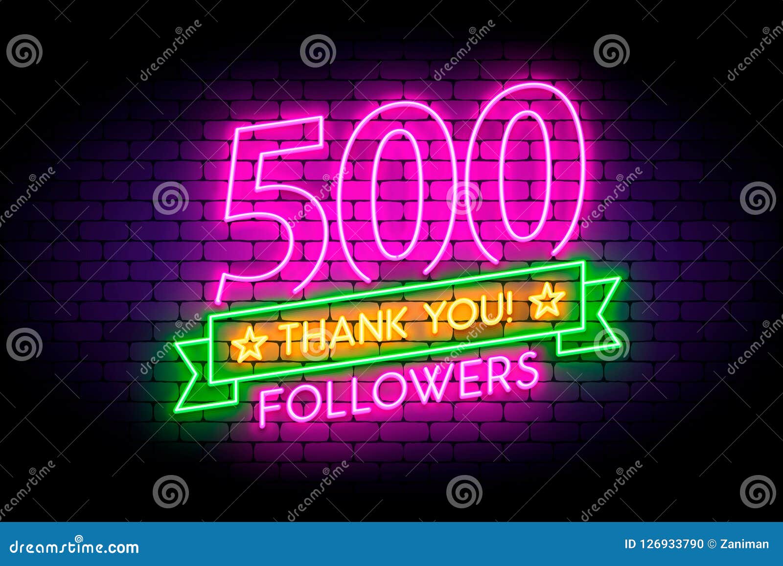 500 followers neon sign on the wall.