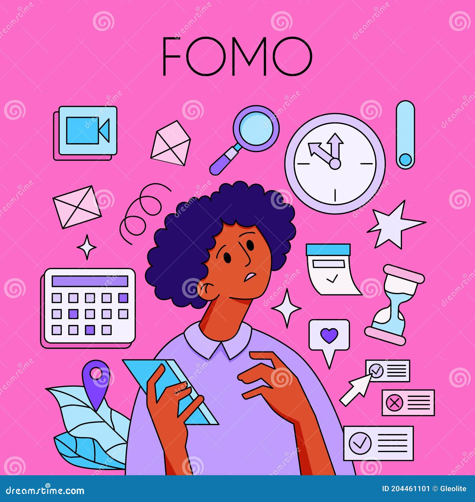 principal Competitivo planes FOMO - Fear of Missing Out Concept. Young Woman is Holding Phone,  Surrounded with Social Media Symbols and Alerts Stock Vector - Illustration  of heart, media: 204461101