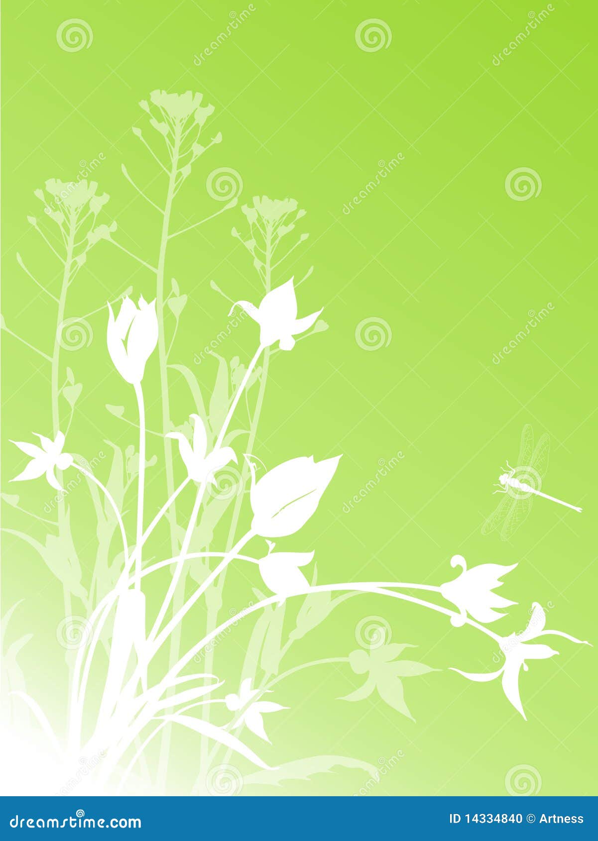 Fond floral abstrait avec des tulipes. Fond floral vert abstrait avec les tulipes et la libellule