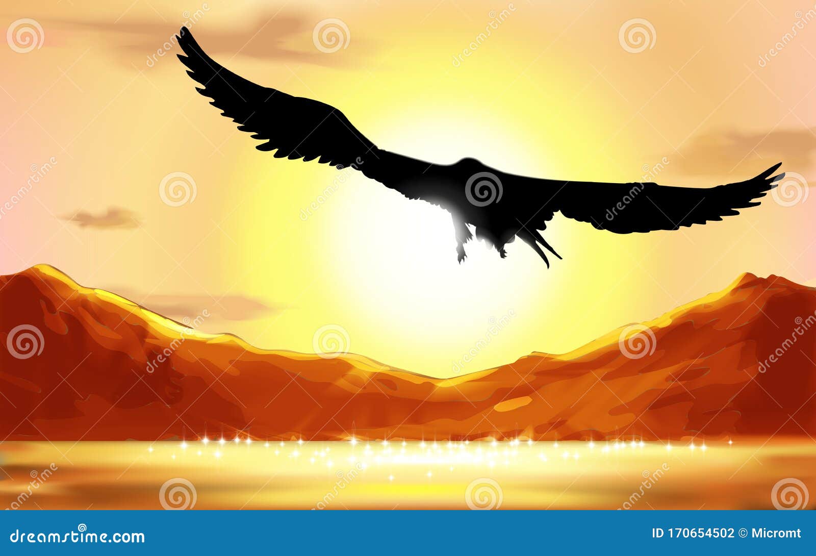 Fondo Abstracto Con La Silueta De Un águila, Volando Sobre El Agua Al  Amanecer Paisaje Montañoso Por La Mañana En Las Montañas Ilustración del  Vector - Ilustración de fondo, sunlight: 170654502