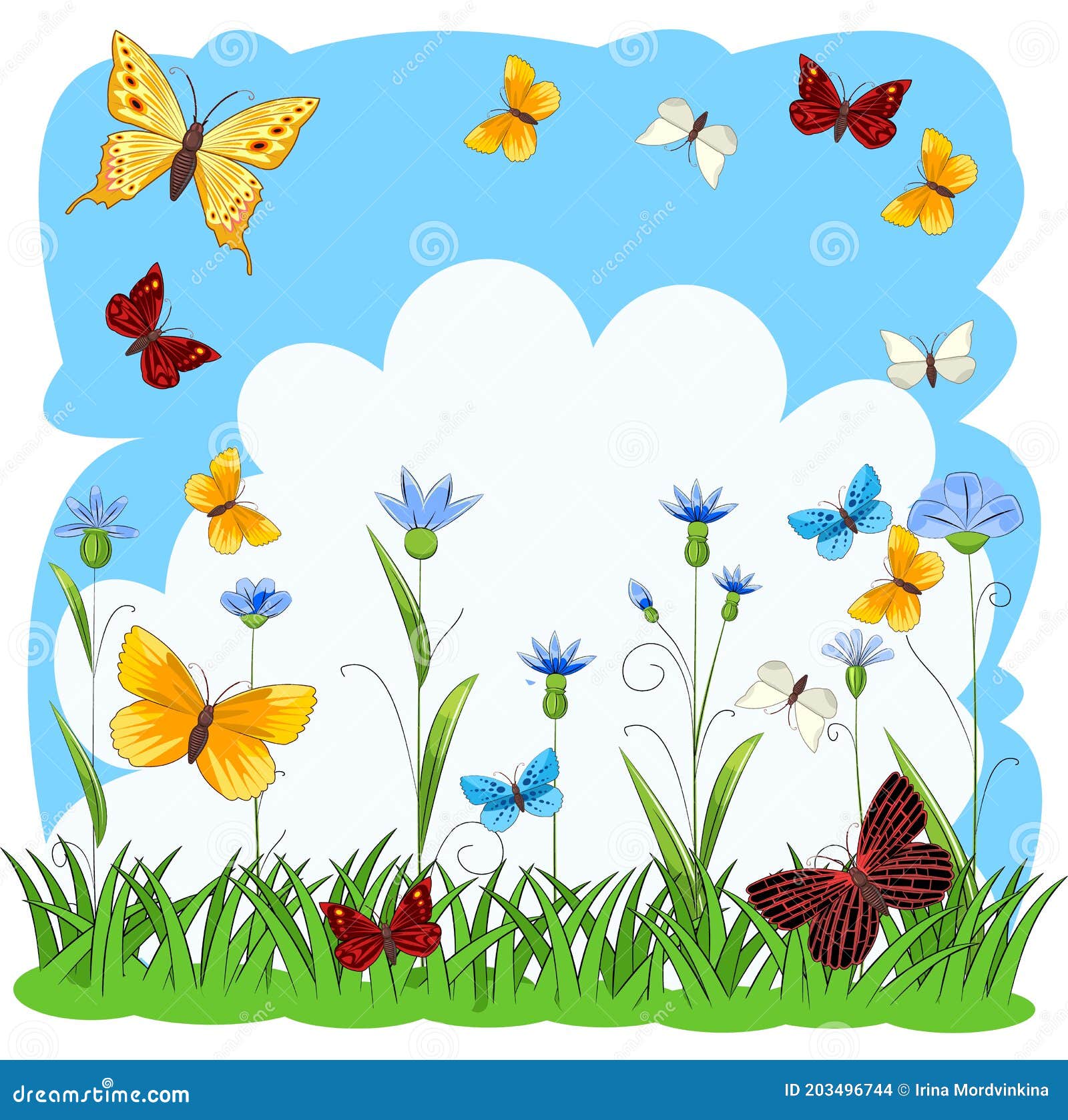 Fondo Abstracto. Paisaje Con Mariposas Y Flores. Estilo Plano De Dibujos  Animados. Jovencito O Infantil. Suave Redondeado Ilustración del Vector -  Ilustración de historieta, belleza: 203496744