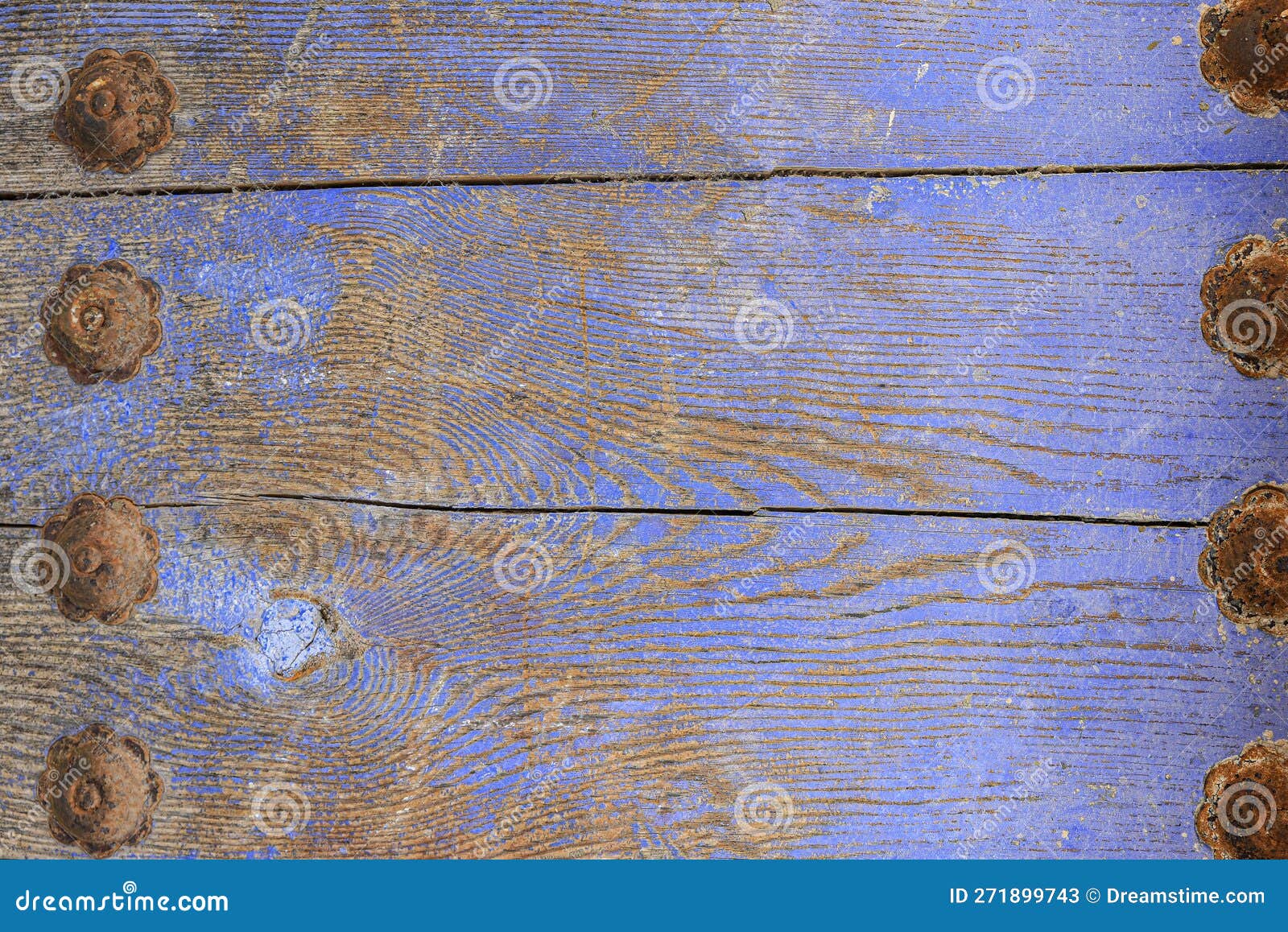 violet blue wooden background with rusty nails and cracks