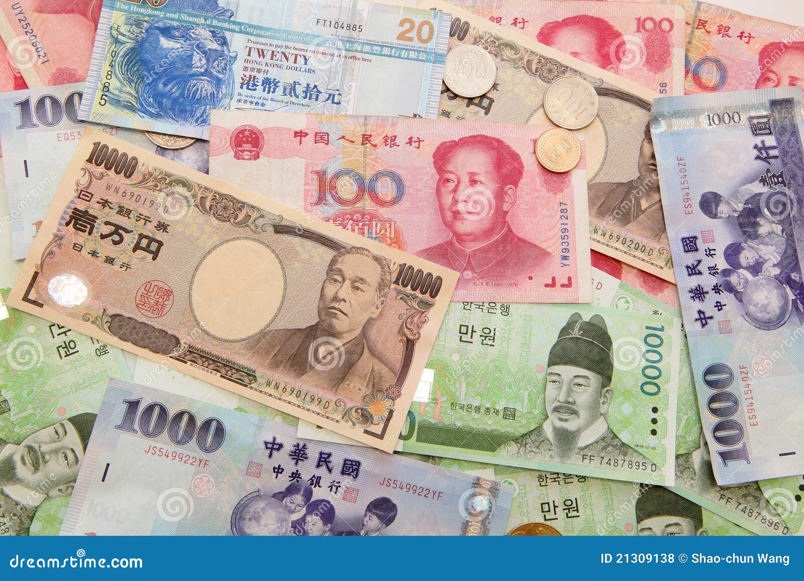 Fondo del dinero en circulación asiático (incluya el dólar ganado, de Taiwán coreano, el dinero chino yuan, el dólar de Hong-Kong, los Yenes japoneses))