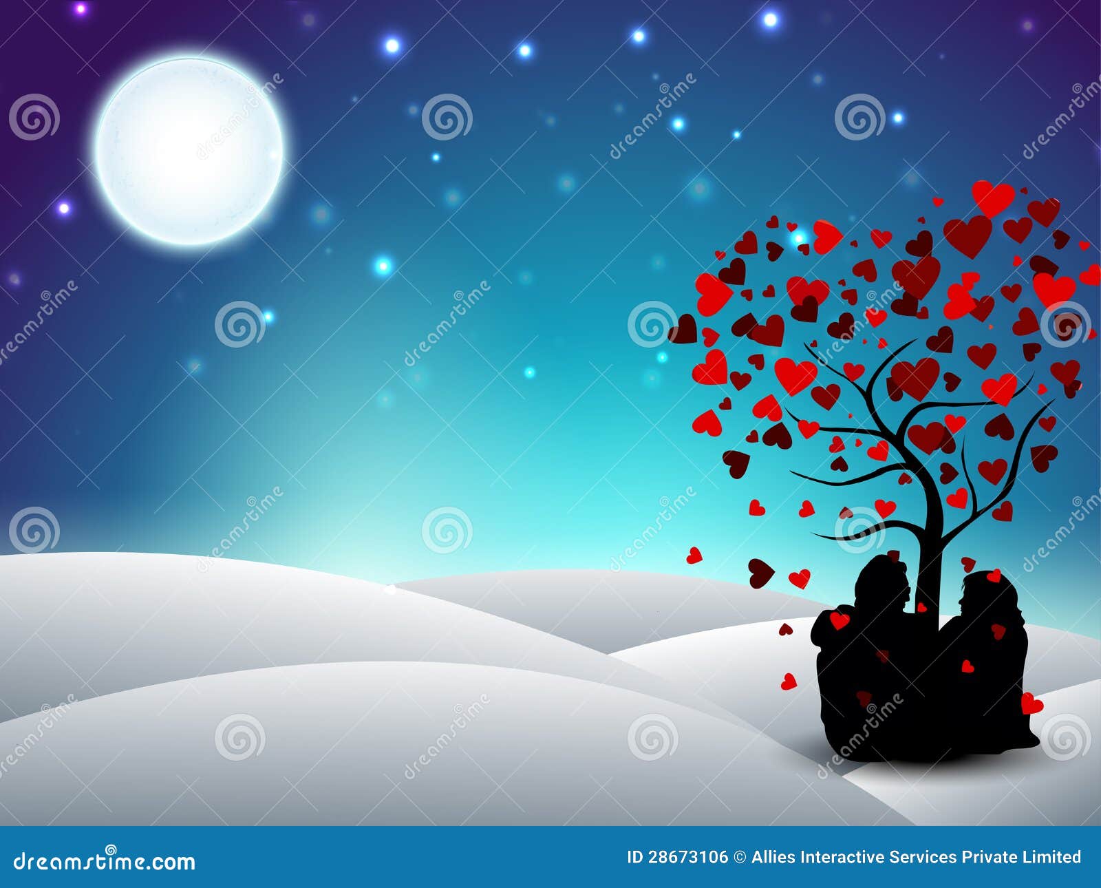 Fondo del invierno del día de tarjetas del día de San Valentín con la silueta de los pares que se sienta bajo el árbol de amor. EPS 10.