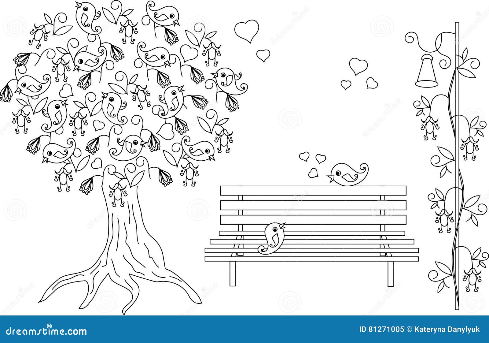 Fondo romantico con l albero di fioritura uccelli amorosi banco anti libro da colorare disegnato a mano in bianco e nero di sf