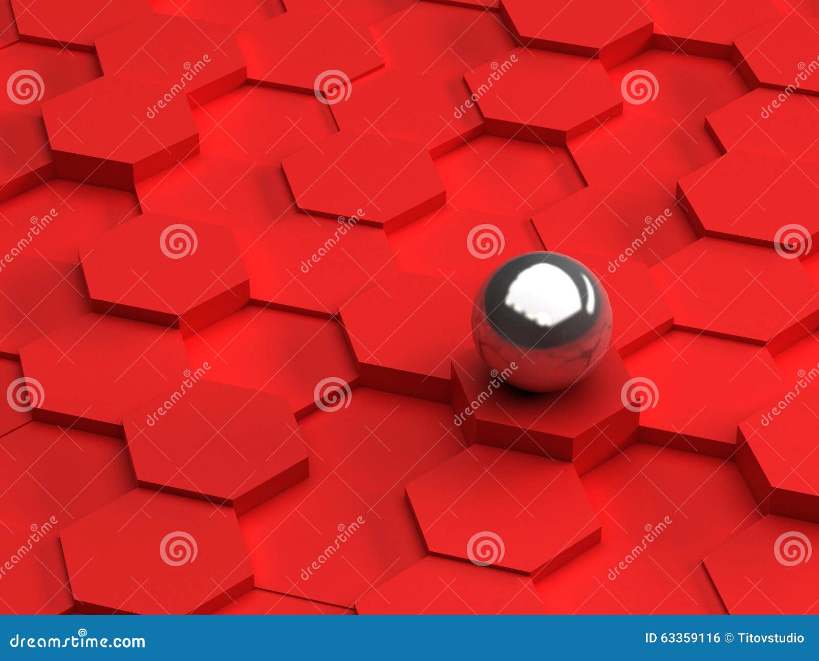 Fondo rosso degli esagoni 3d e della sfera d'acciaio. Fondo astratto degli esagoni 3D