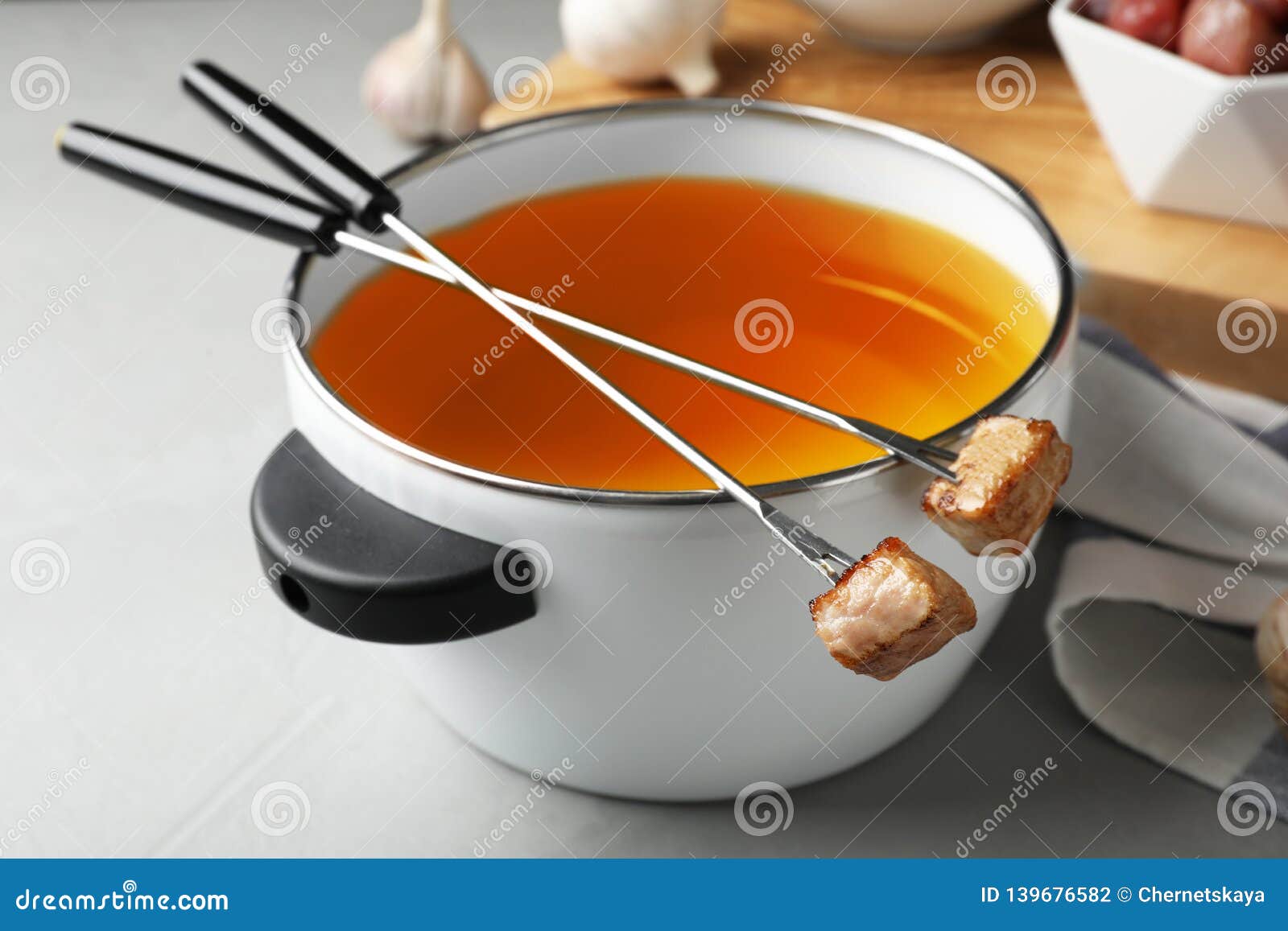 Fondue Pot and Forks with Cooked Meat Stock Photo Image of ingredient
