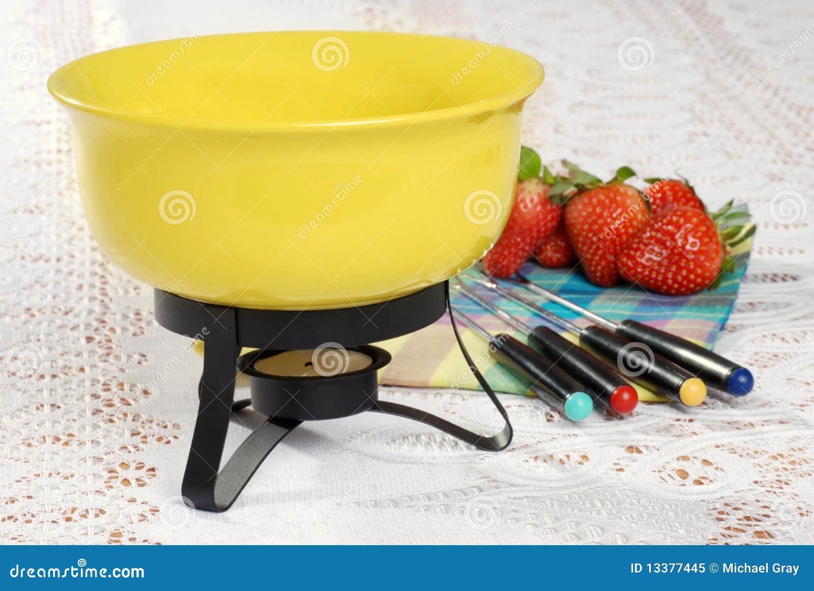 Fondue Set Focus on Bowl Rim Stock Image Image of fork, fruit 13377445