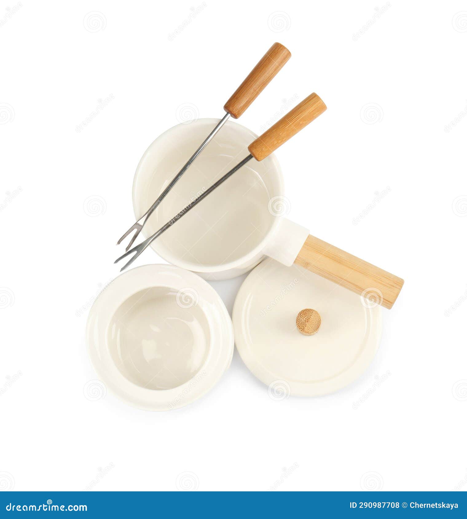 Fondue Set Isolated on White, Top View. Kitchen Equipment Stock Photo