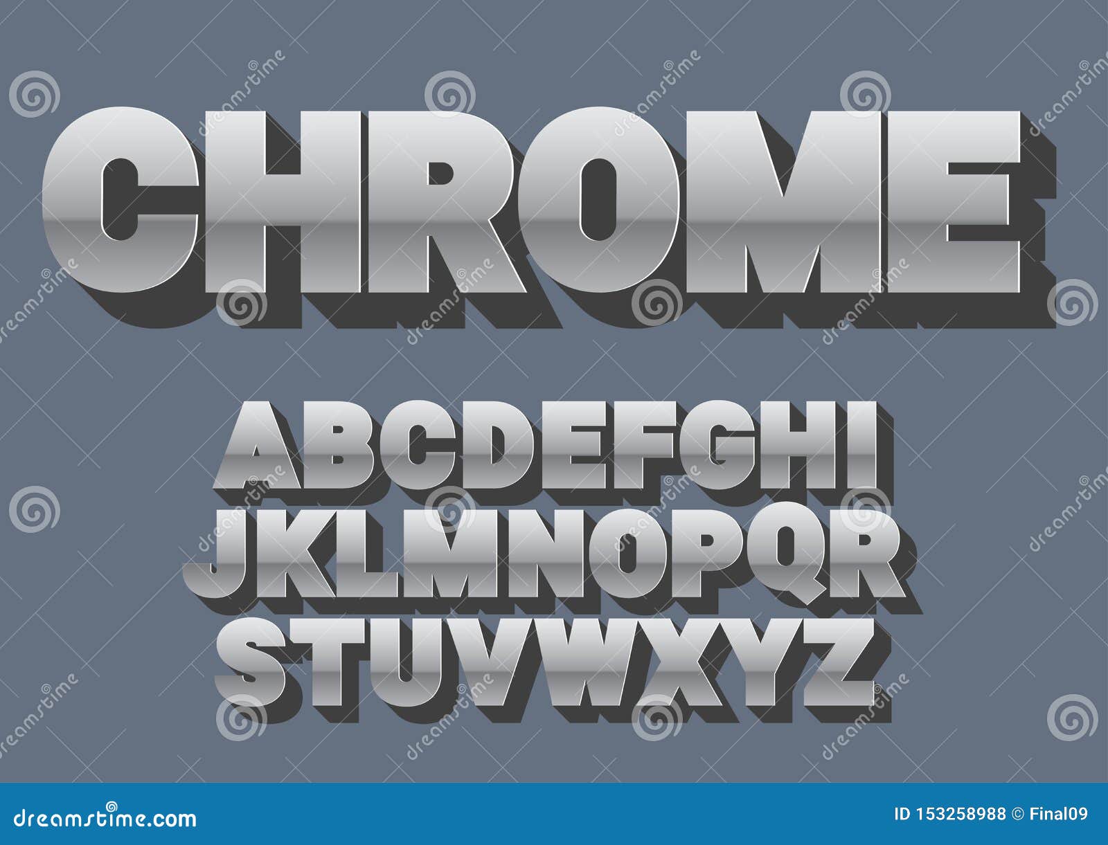 font alphabet. hrome style, sanserif font with long shadow.