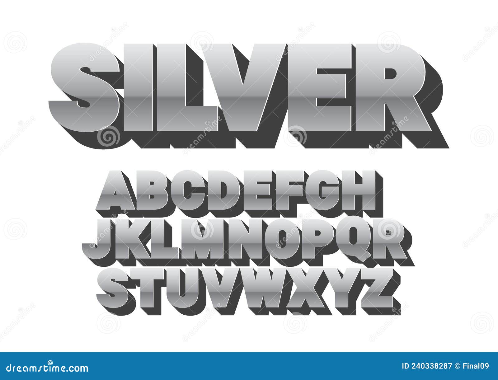 font alphabet. silver style, sanserif font with long shadow.