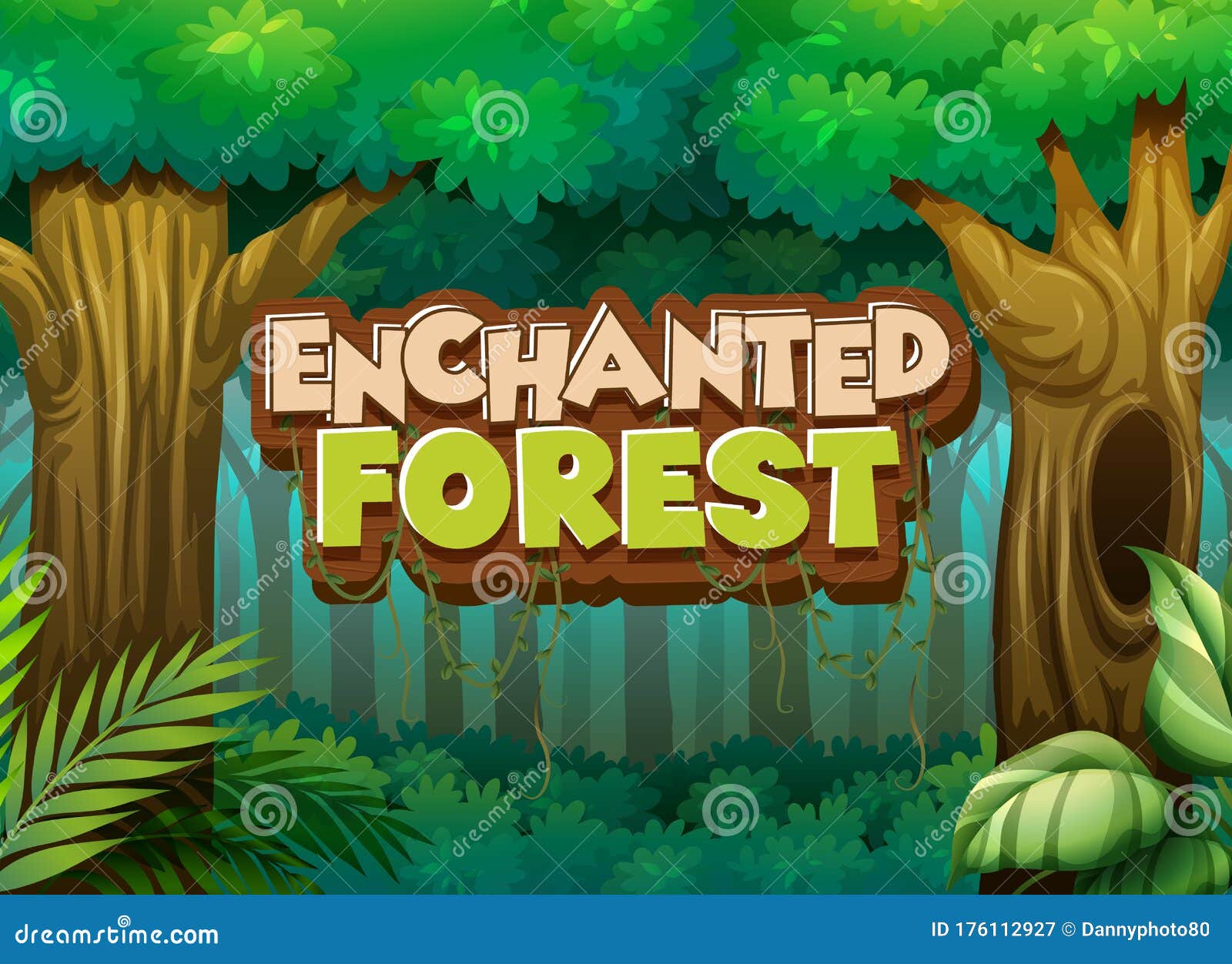 Font Design for Word Enchanted Forest with Forest Background Stock