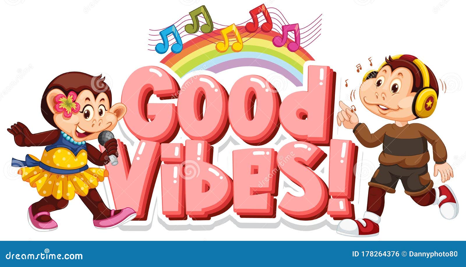 Font design for word good vibes with monkeys singing and dancing illustration