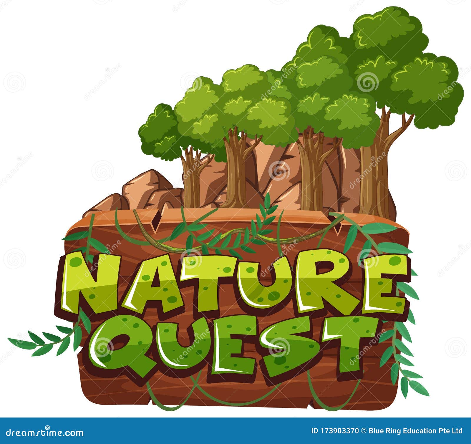 Font Design for Word Nature Quest with Trees in Background Stock Vector