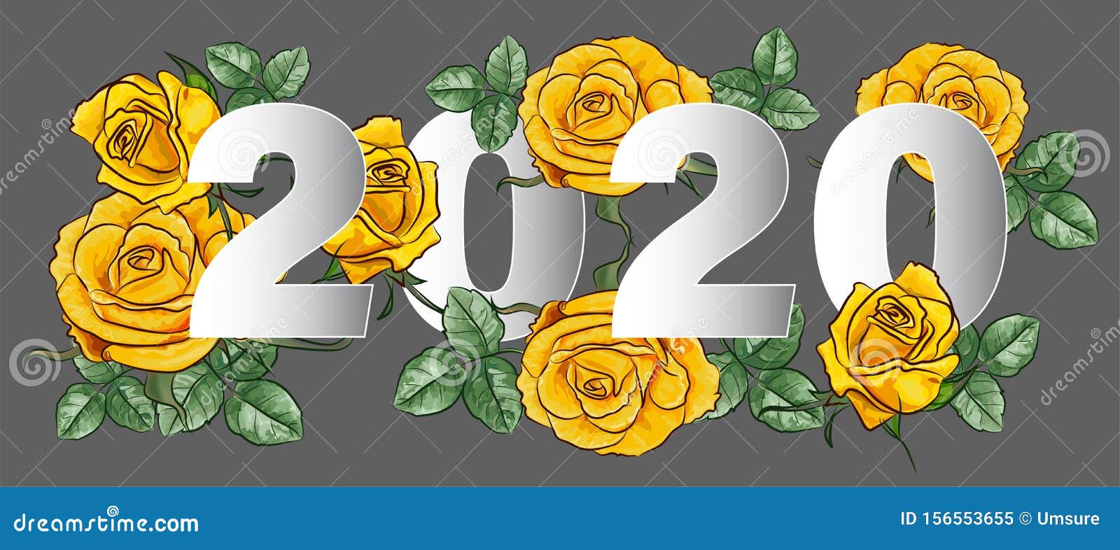 Happy New Year with 2020 Paper Cut with Yellow Roses Stock Vector ...