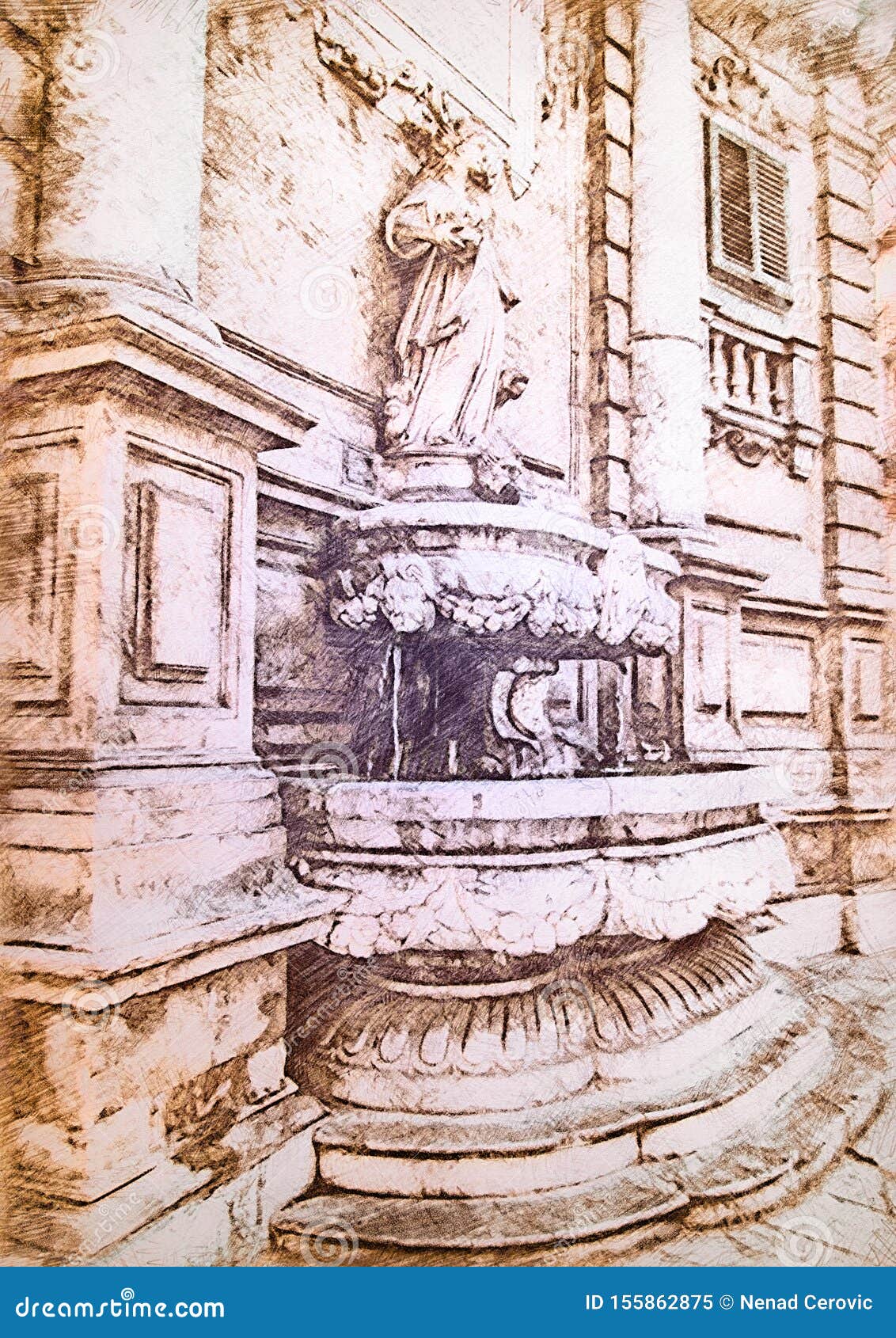 fontain from quattro canti in palermo sicily. color pencil sketch painting artwork. italy, sicilia.