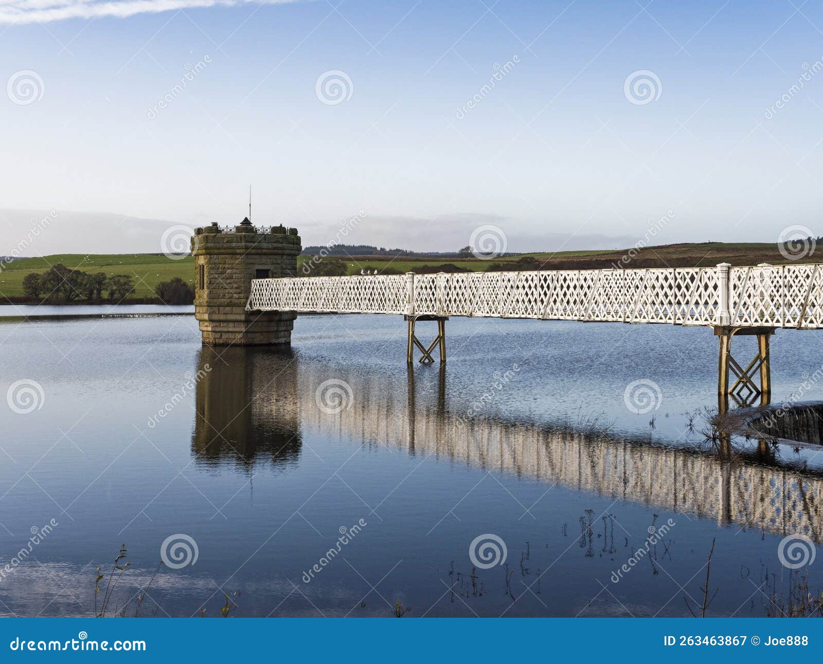 fontburn reservoir, northumberland, uk with reflection