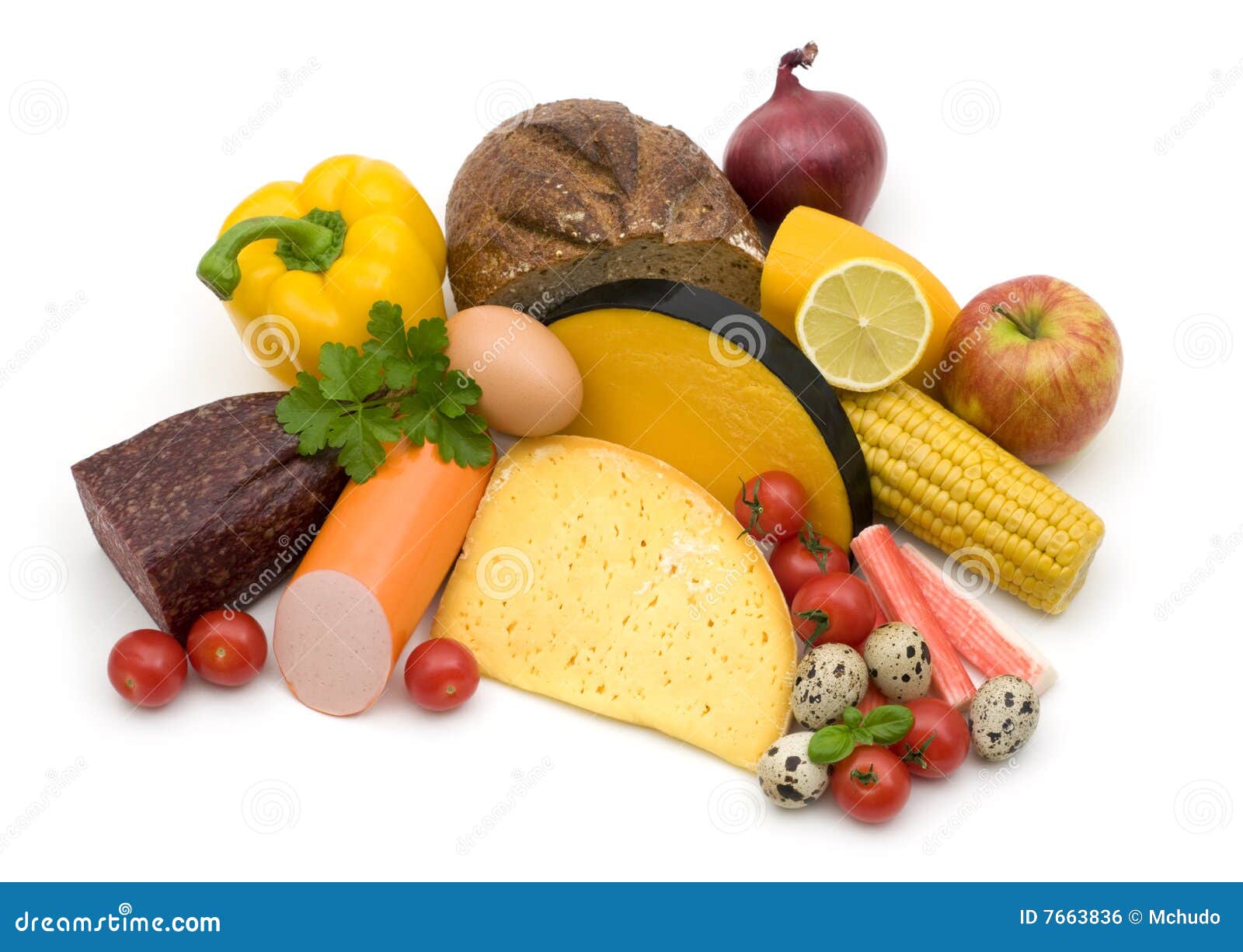 Food assortment stock photo. Image of sausage, bread, basil 7663836