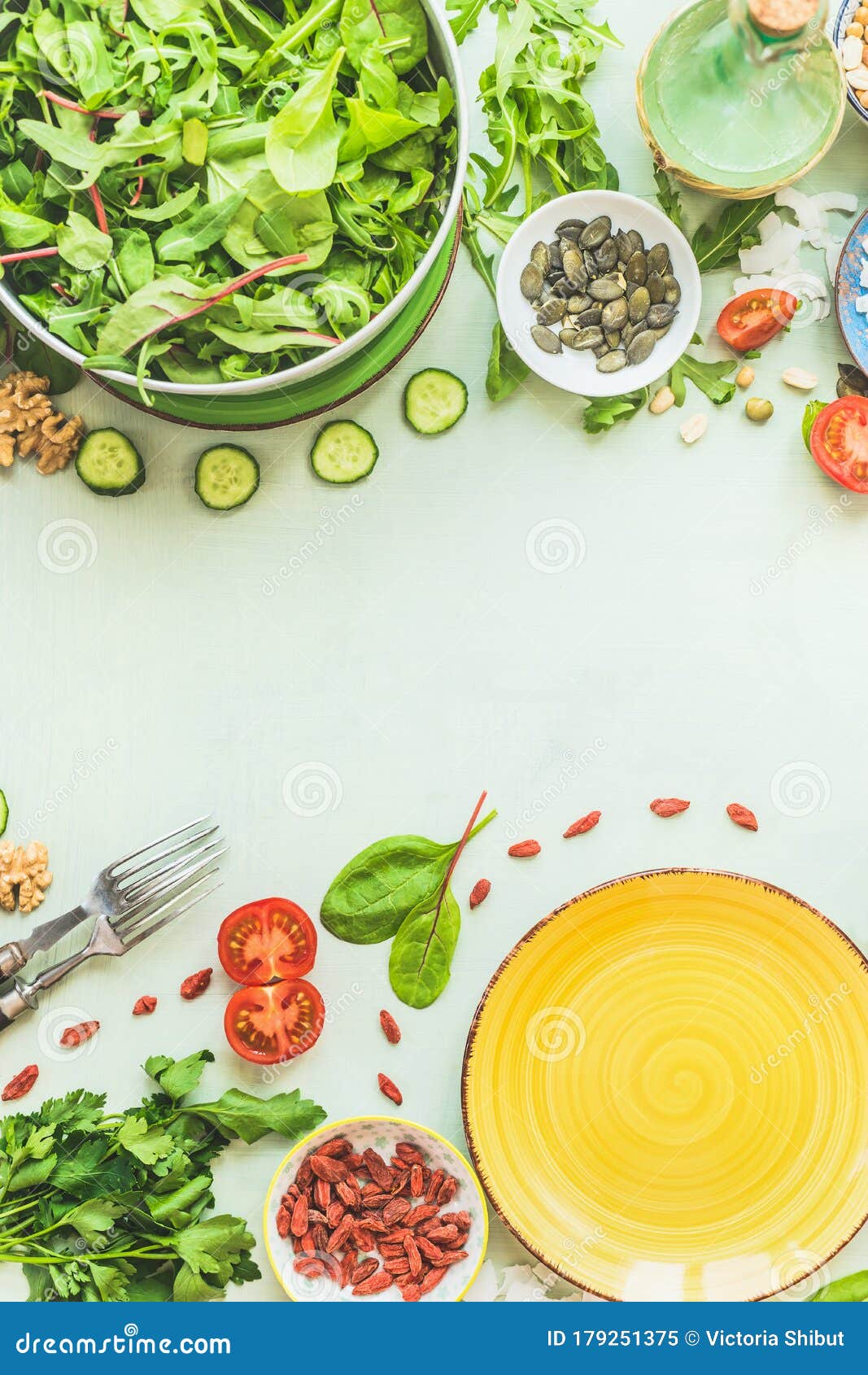 Food Background with Salad Plates. Fresh Green Salad Ingredients. Salad ...